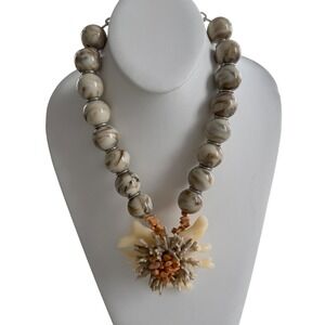 Vintage Statement Necklace  Marbled Bead Coral Cream Tan Nautical Coastal Jem